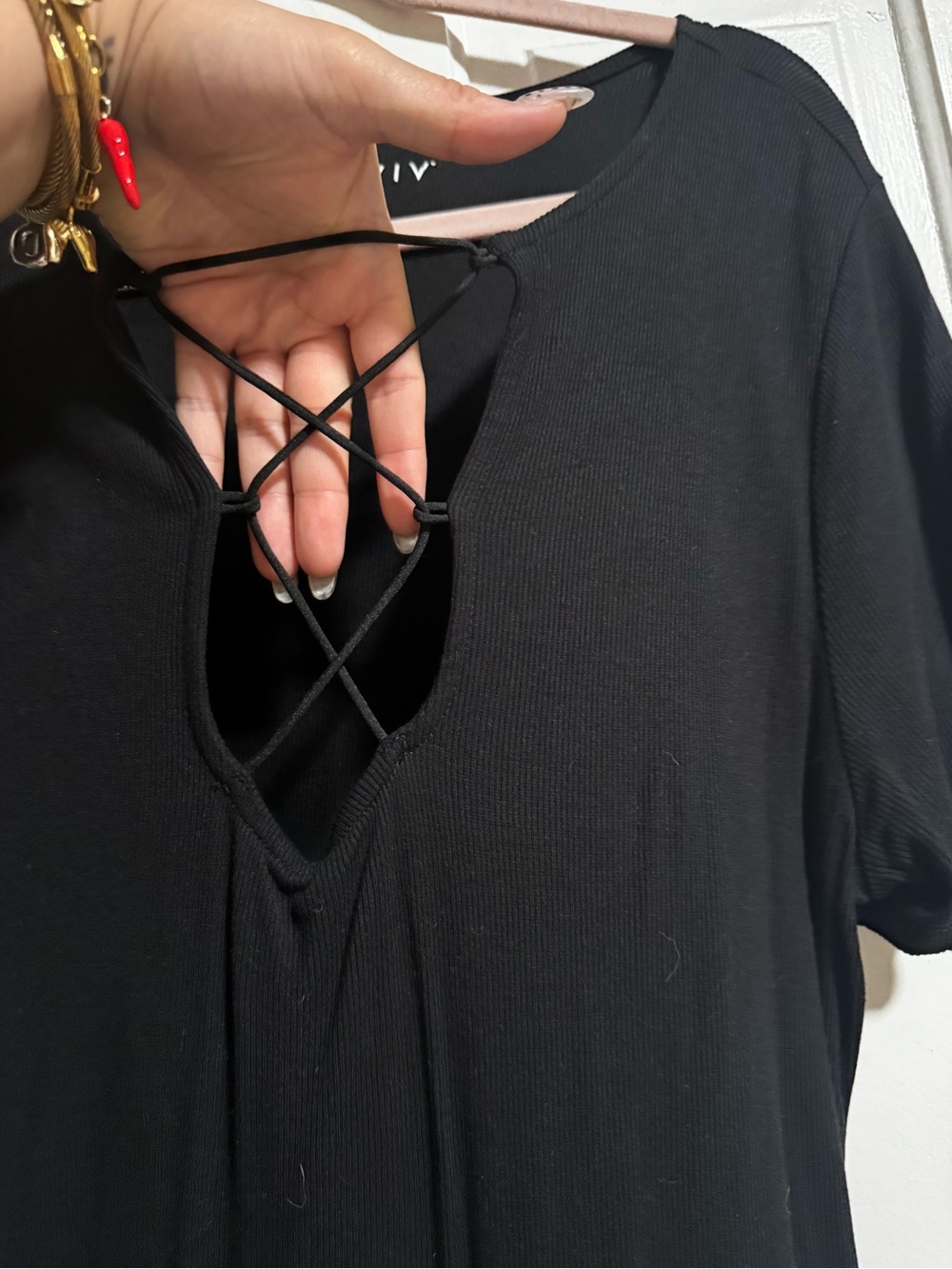Ava & Viv Black Short-Sleeve Lace-Up Ribbed Top